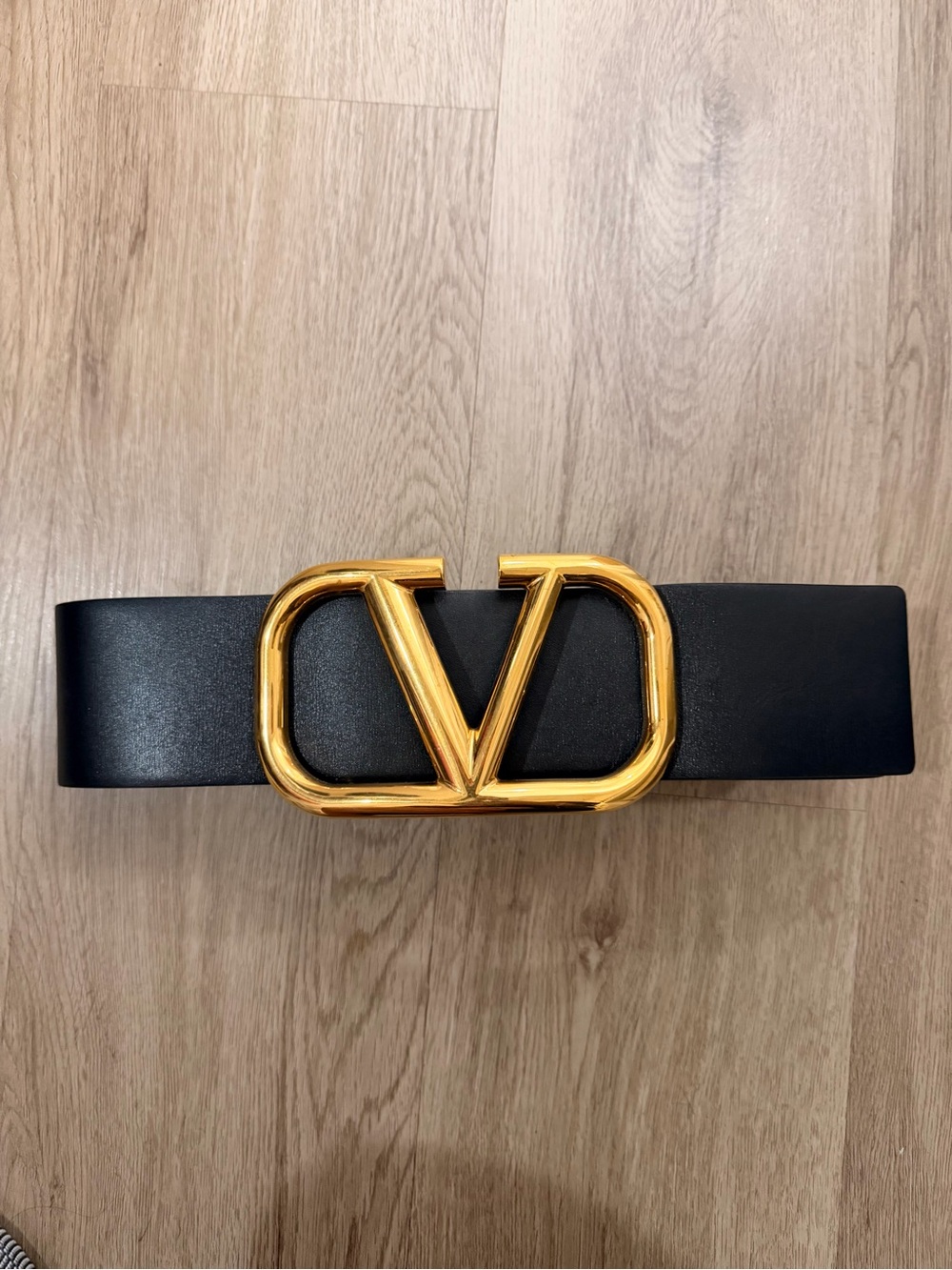 Valentino Wide Black Leather Belt with Gold V-Logo Buckle